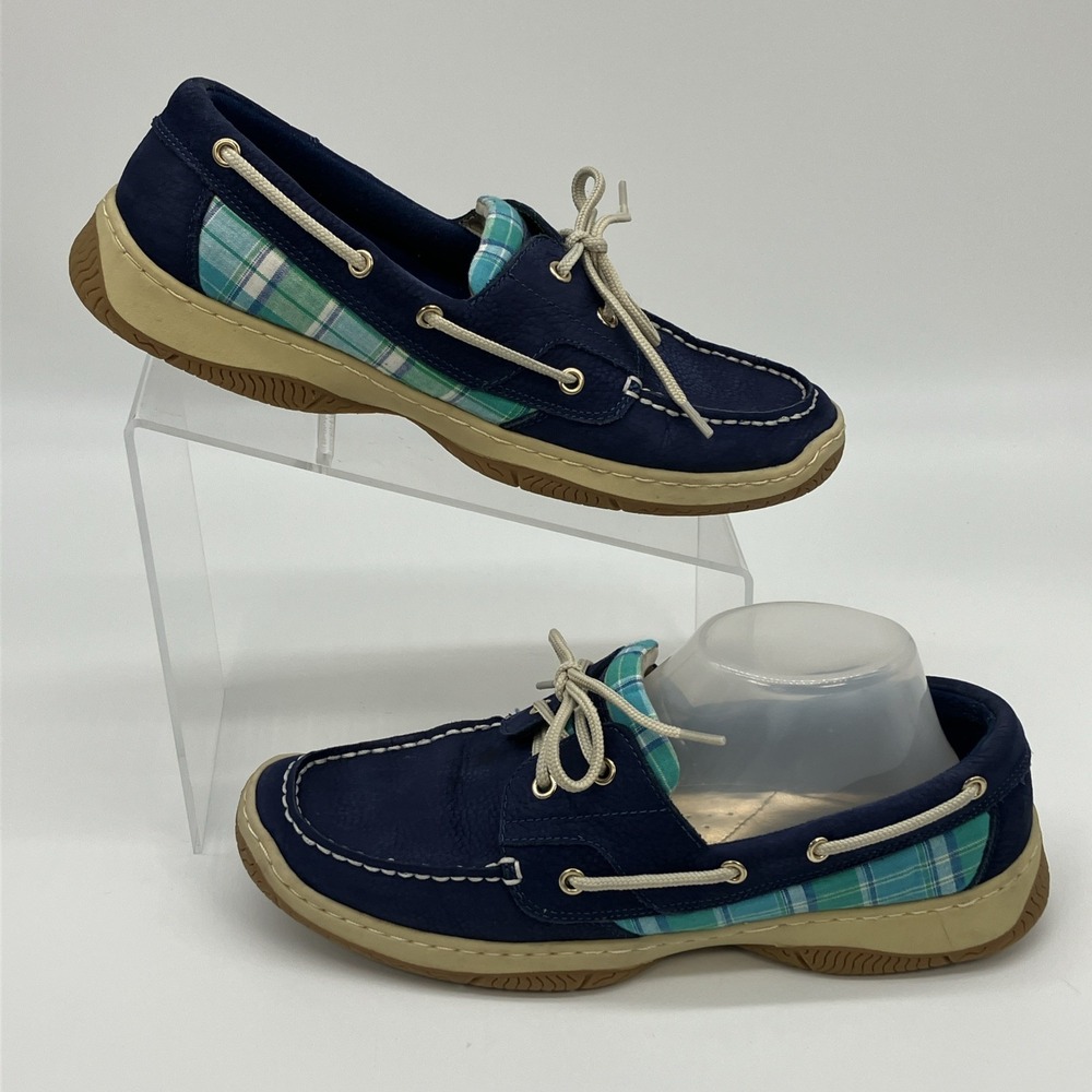 Tommy Hilfiger Navy Blue Plaid Boat Shoes Womens 9.5 M Nautical Yacht Preppy‎